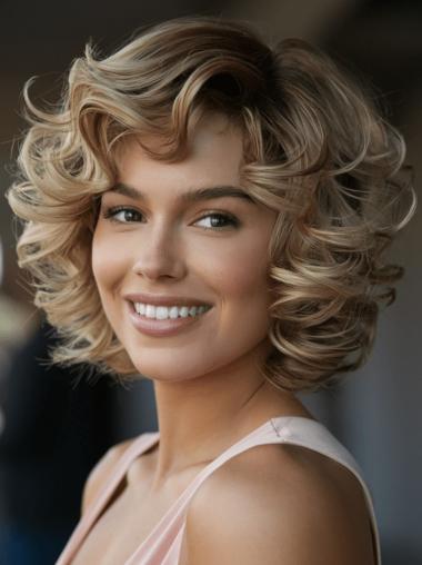 Medium Length Blonde Human Hair Wigs Lace Front With Bangs 10" Curly Wigs