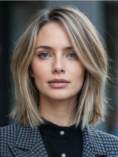 Mid Length Real Hair Wigs Lace Front Layered 12" Straight Wigs