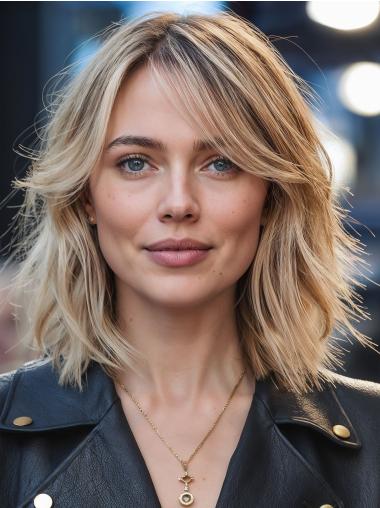 Medium Length Wigs Human Hair Lace Front Layered 12" Wavy Wigs