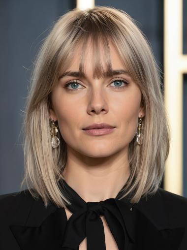 Medium Blonde Wig With Bangs Lace Front With Bangs 12" Straight Wigs