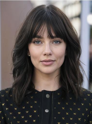 Medium Length Black Human Hair Wigs Lace Front With Bangs 14" Wavy Wigs