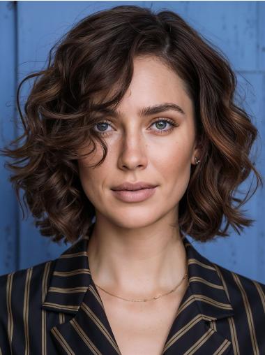 Medium Length Curly Wigs Lace Front Remy Human Hair 10" Brown Wigs