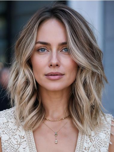 Real Hair Wigs Medium Length Monofilament Layered 14" Wavy Wigs