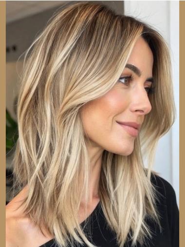 Medium Human Hair Wigs Blonde Layered 14" Wavy Wigs