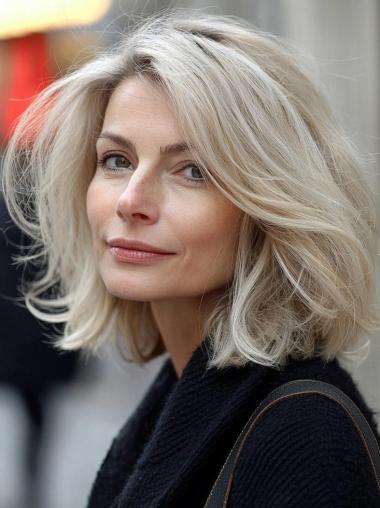 Medium Length Bob Wig Monofilament Remy Human Hair 10" Platinum Blonde Wigs