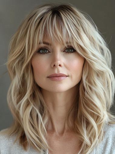 Medium Blonde Wig With Bangs 14" Monofilament Wavy Wigs
