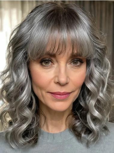 Medium Length Silver Wigs With Bangs Lace Front Synthetic Wigs