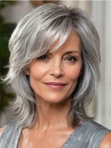 Silver Medium Hair Wigs Layered Monofilament Synthetic Wigs