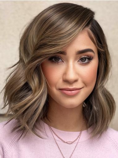 Human Hair Wigs Medium Brown Monofilament Layered 12" Wavy Wigs