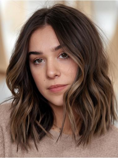 Real Hair Wigs Medium Length Monofilament Layered 12" Wavy Wigs