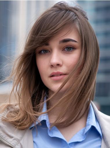 Medium Brown Human Hair Wigs Monofilament With Bangs 12" Straight Wigs