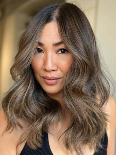 Real Hair Wigs Medium Brown Lace Front Layered 14" Wavy Wigs