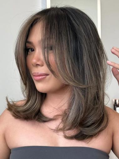 Medium Brown Human Hair Wigs Lace Front Layered 14" Straight Wigs