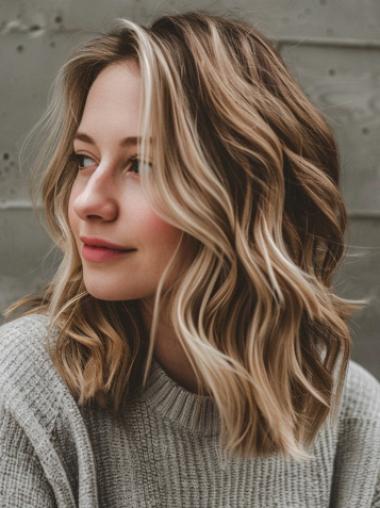 Medium Lengthh Real Hair Wigs Monofilament Layered 12" Wavy Wigs