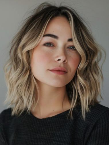 Real Hair Medium Length Monofilament Layered 12" Wavy Wigs