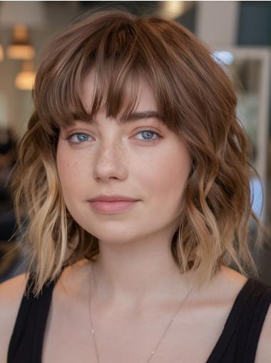 Medium Real Hair Wig Monofilament With Bangs 12" Wavy Wigs