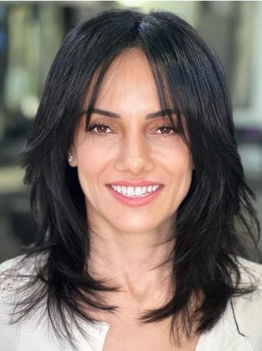 Medium Length Human Hair Wigs Monofilament Layered 14" Straight Wigs