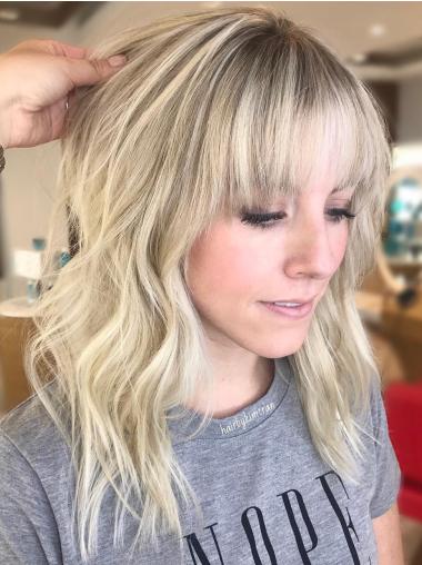 Human Hair Medium Wigs Monofilament With Bangs 14" Wavy Wigs