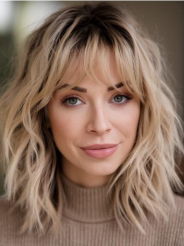 Ladies Blonde Wigs Medium 12" Lace Front With Bangs Wavy Wigs