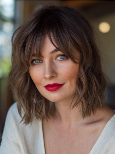 Medium Brown Wigs 10" Lace Front With Bangs Wavy Wigs