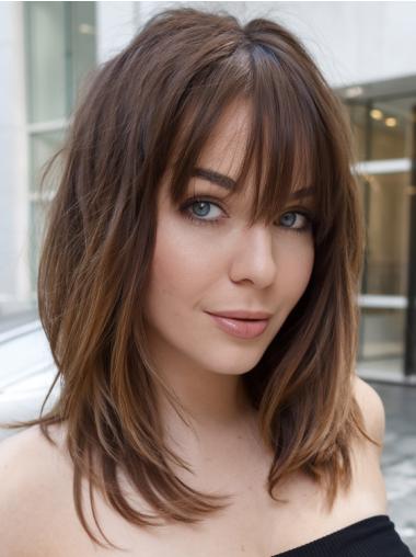 Medium Brown Hair Wig 14" Lace Front With Bangs Straight Wigs