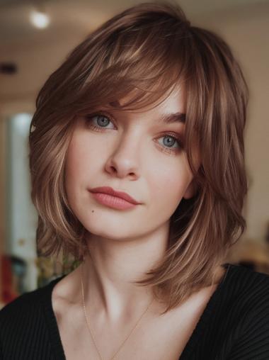 Real Wigs Medium Brown 10" With Bangs Lace Front Wigs