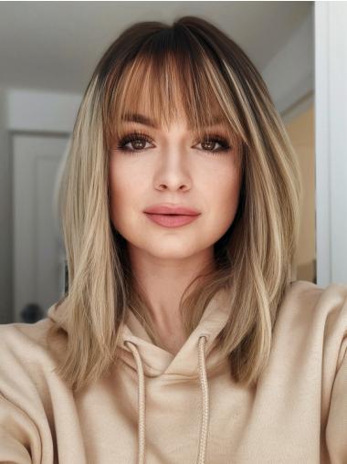 Blonde Medium Wigs Human Hair 12" With Bangs Lace Front Wigs