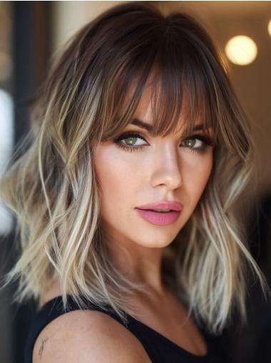 Medium Length Wigs For Women 12" Monofilament With Bangs Wavy Wigs