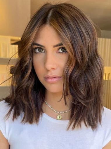 Brown Medium Wig 14" Monofilament Layered Wavy Wigs