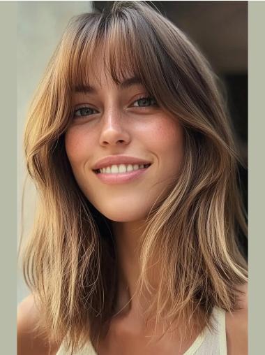 Medium Shoulder Length Wigs Synthetic With Bangs 14" Wavy Wigs