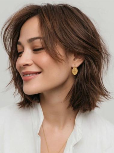 Medium Brown Human Hair Wigs Lace Front Layered 12" Straight Wigs