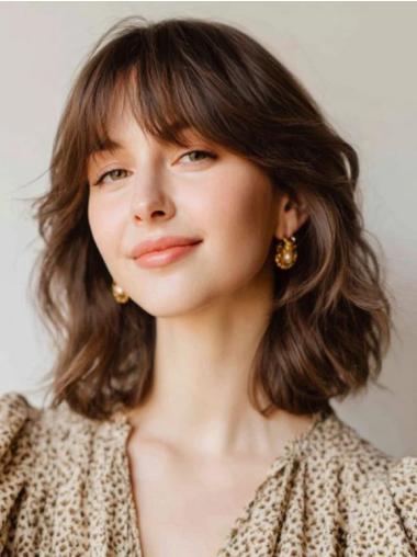 Medium Brown Ladies Wigs Remy Human Hair With Bangs 12" Wavy Wigs