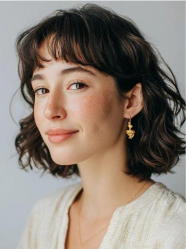 Black Wig Medium Wavy With Bangs Monofilament Wigs