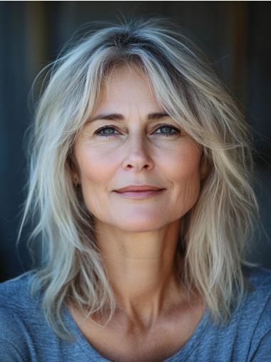 Mid Length Gray Wigs Layered Monofilament Remy Human Hair Wigs