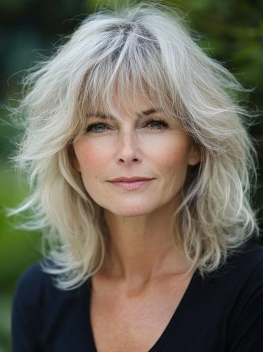 Medium Length Grey Wigs Layered Monofilament Remy Human Hair Wigs