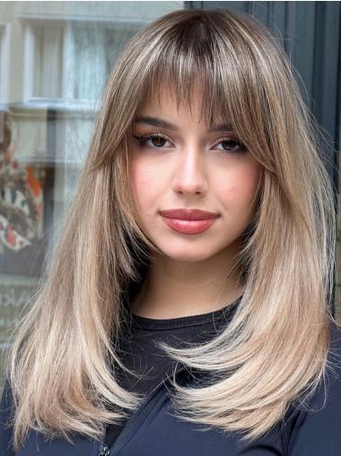Mid Length Blonde Wigs Lace Front With Bangs 14" Straight Wigs