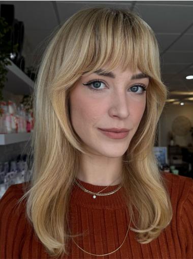 Blonde Wig Human Hair Medium Length Lace Front Layered 14" Straight Wigs