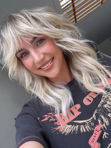 Human Hair Blonde Wigs Medium Length Lace Front layered 14" Wavy Wigs