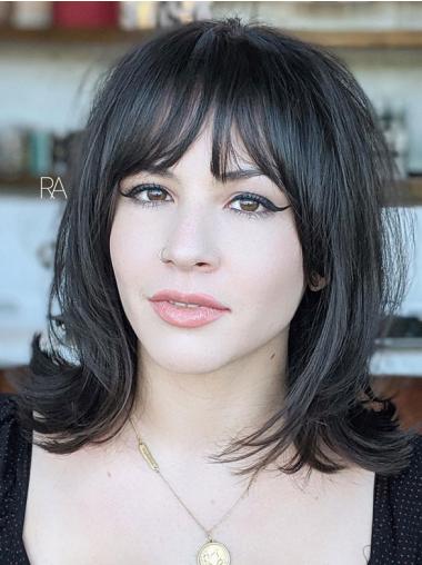 Medium Black Wigs Lace Front With Bangs 12" Straight Wigs