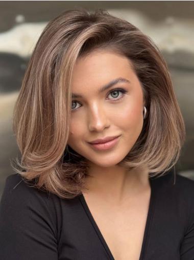 Medium Brown Human Hair Wig Lace Front Bobs 10" Wavy Wigs