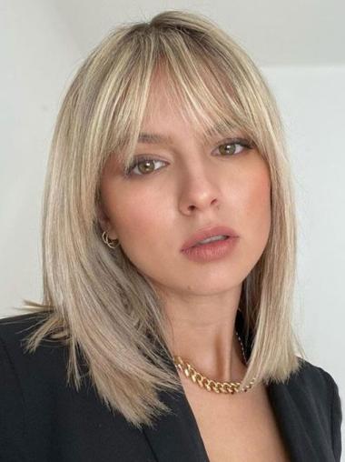 Mid Length Blonde Wigs Lace Front With Bangs 12" Straight Wigs