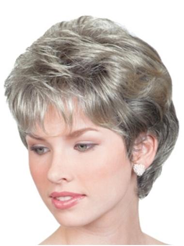 Modern Wavy Chin Length Synthetic Grey Hair For Women