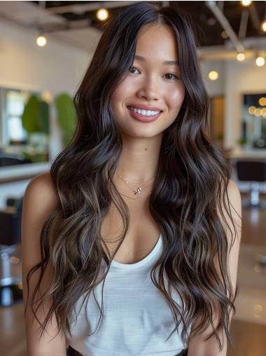 Long Hair Wigs Brown Synthetic 26" Without Bangs Wavy Wigs