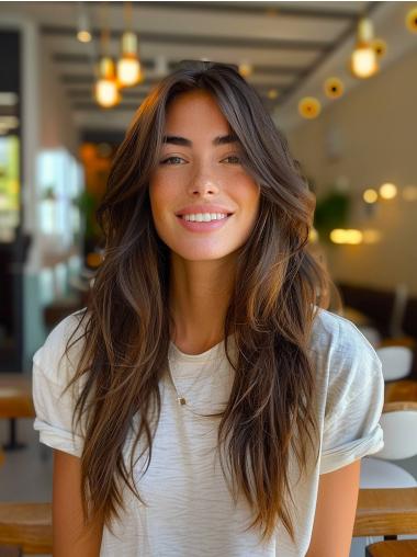 Long Wig Monofilament Synthetic Wavy 24" Layered Brown Wigs