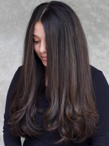 Long Black Wig Wavy 24" Remy Human Hair Monofilament Without Bangs Wigs