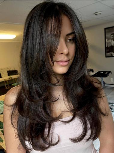 Long Black Wig Straight 22" Remy Human Hair Monofilament Layered Wigs