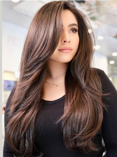 Long Human Hair Wigs Brown Layered Monofilament 26" Straight Wigs