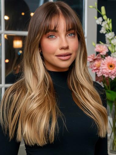Long Wig Monofilament Synthetic Straight 24" With Bangs Ombre/2 Tone Wigs