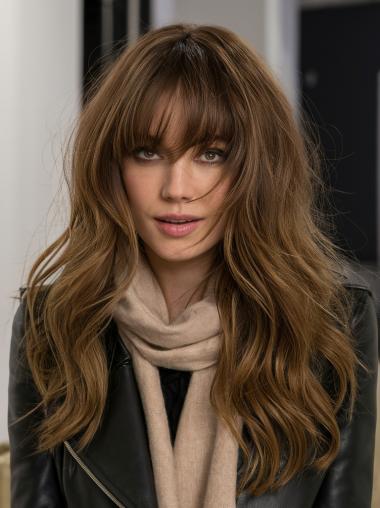 Long Wigs With Bangs Lace Front Synthetic 22" Wavy Brown Wigs