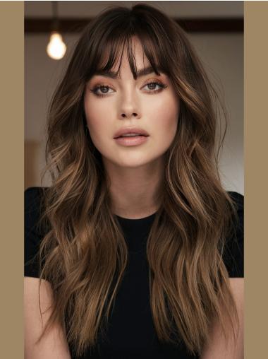 Long Wigs With Bangs Lace Front Remy Human Hair 24" Wavy Ombre/2 Tone Wigs